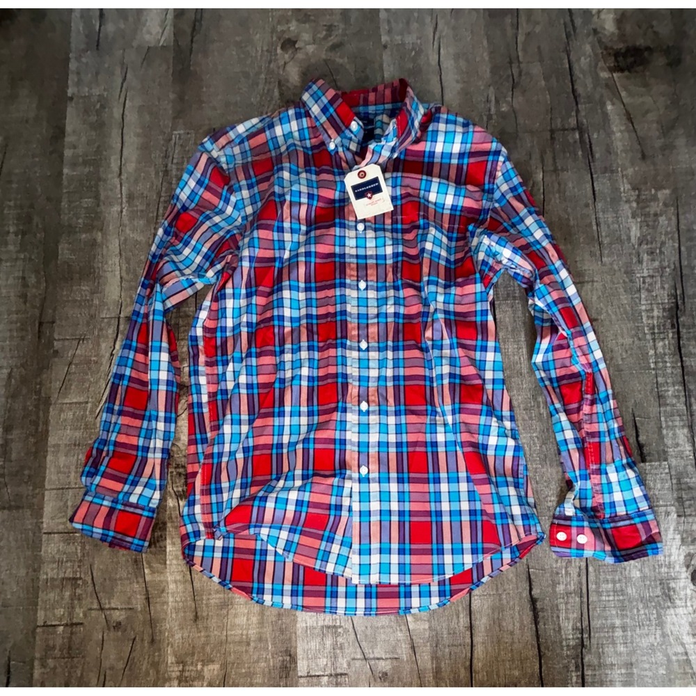 Saddlebred Mens Stretch Oxford Button Down Shirt Plaid Blue Red Size M NEW